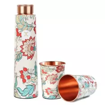 Bottle with 2 Glass | Leak Proof, Durable & Rust Proof | Non-Toxic & BPA Free Steel Bottles | Printed Tamba Bottle (900 ml - 2x 300 ml)