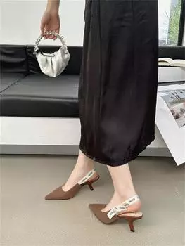 Bow Back Empty Kitten Heels Middle Heel Letter Webbing Sandals Shallow Mouth Pointed Single Shoes Women 35 светло-коричневого