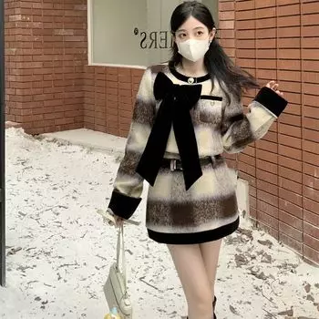 Bow Coat High Fanny Pack Hip Skirt Two-piece Suit Conjunto Femenino Roupa Elegante Costume Deux Pieces XL