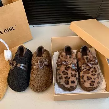 Bow leopard print fluffy shoes for women outside 2024 autumn and winter, sweet and warm, one-pedal cotton shoes, velvet bean shoes 35 хаки