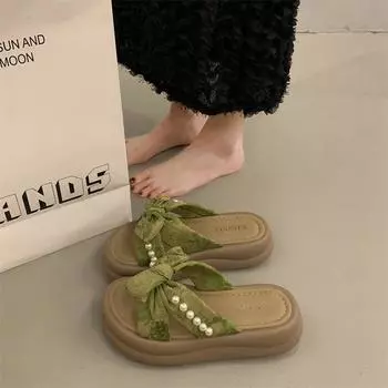 Bow pearl slippers women s summer new outer wear one-word soft-bottom sandals 35 зелёный