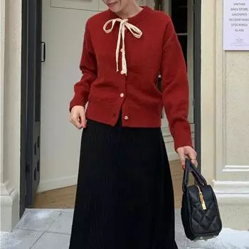 Bow Red Sweater Cardigan Coat for Women Early Spring Popular Korean Style Soft and Waxy Gentle Thickened Lace-up Short Sweater One Size