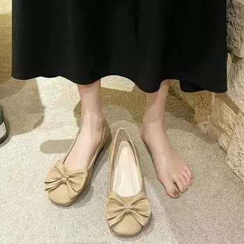 Bow single shoes women s spring 2025 new Korean version women s shoes flat comfortable shallow mouth Internet celebrity Doudou shoes 35 бежевый