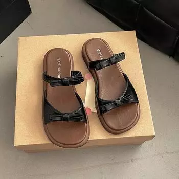 Bow-tie flat-bottomed slippers for women s summer wear, new fashionable versatile open-toe double-belt cool slippers 35