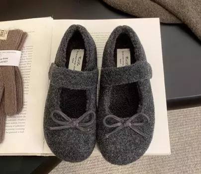 Bow-tie fluffy shoes women s new winter outer wear casual flat-bottomed velvet to keep warm Mary Jane 35