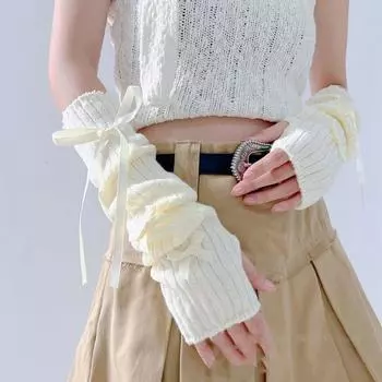 Bowknot Ballet Style Bow Knitted Arm Warmers Elastic Fingerless Gloves Y2K Warm Sleeves Lolita бежевый