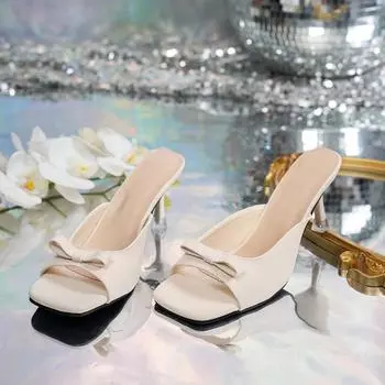 Bowknot High Women s Sandals 2025 Thin Heel Summer Outdoor Women s Slippers 42 Black WHite Square Toe Slippers 35 чёрный