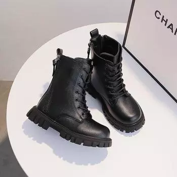 Boys Girls Motorcycle Boots Thick Soft Sole Kids Ankle Boots with Double Zipper 2024 New Children Warm Boots Round Toe Fashion 27 чёрный
