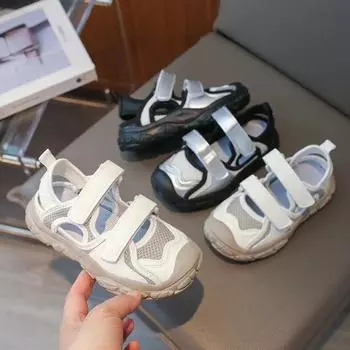 Boys Summer Casual Sandals 2024 New Kids Anti Slip Breathable Sports Beach Shoes Girls Fashion Hollow Out Air Mesh Tennis Shoes 26 серебряный