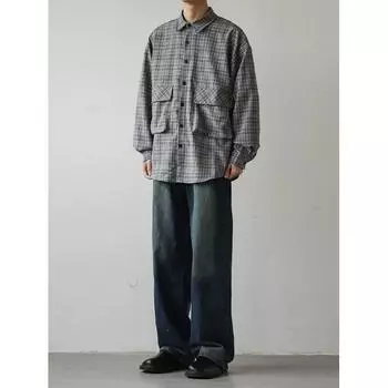 Boyue Japanese Style Large Pocket Plaid Long Sleeve Shirt College Style Casual All-Match Profile Couple Men s Coat M хаки