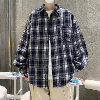 Boyue Summer Sun Protection Shirt Ins, Boyfriend Style Plaid Long Sleeve Shirt M синий