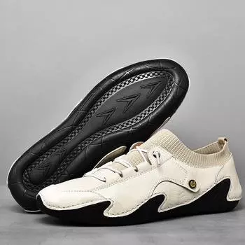 Brand Comfortable Casual Leather Shoes Men Loafers Spring/Autum Suede Sock Shoes Men Flats Breathable Driving Flats Moccasins 38 бежевый