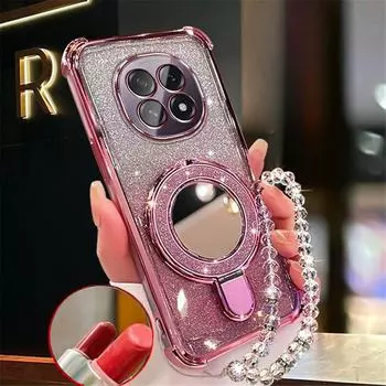 Браслет-держатель для телефона с блестками и зеркалом для OPPO Reno 12F 13F 12 Pro A16 A5 A9 A53 2020 A54S A53S A76 Мягкий противоударный чехол For Reno 13F (5G)
