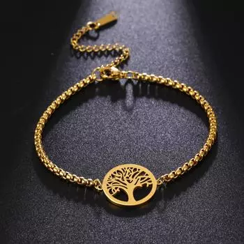 Браслет из нержавеющей стали Tree Life для женщин, золотой серебряный браслет Tree of Life, браслет с подвесками Life