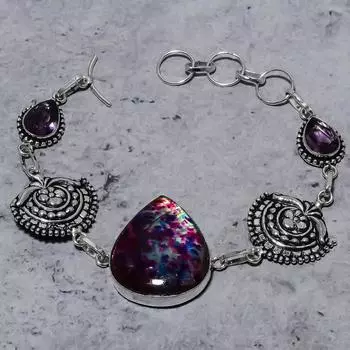 Браслет из серебра 925 пробы с розовым лабрадоритом и аметистом, длина 7-8 дюймов E6s64