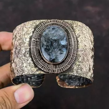 Браслет Larvikite, обмотанный медной проволокой, регулируемый браслет-манжета, ручная работа, обмотанный медной проволокой, ювелирные изделия в подарок жене, натуральный драгоценный камень, браслет