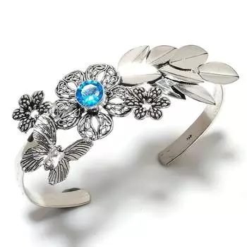 Браслет-манжета из серебра 925 пробы с драгоценным камнем London Blue Topaz, регулируемый K7Q16