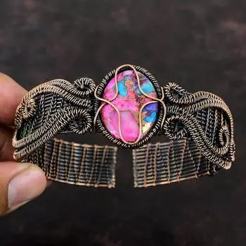 Браслет-манжета Kingman Pink Dahlia Turquoise с драгоценными камнями, браслет-манжета из проволоки, ручная работа, ювелирные изделия из медной проволоки, регулируемый браслет, подарок