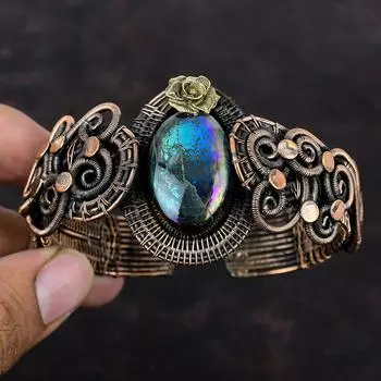 Браслет Mystic Fire Labradorite, браслет-манжета из медной проволоки, регулируемый браслет-манжета из драгоценных камней, ювелирные изделия из медной проволоки, браслет-цветок ручной работы