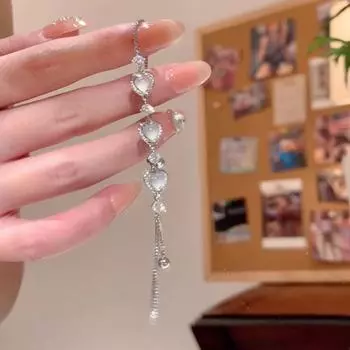 Браслет с сердцем из камня кошачий глаз - элегантный дизайн с цирконием для женщин S415 серебряный