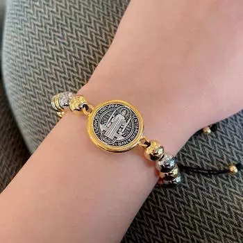 Браслет Saint Benedict Copper Beads 18K, выдвижной, регулируемый, с ручным плетением, с бусинами