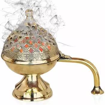 Brass Dhuna Loban Burner, Round Dhooni Dhoop Dani Incense Burner,Table-Top Brass Incense Holder for Loban, Elegant and Traditional Dhoop Dani золотистый