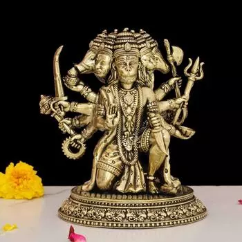 Brass Panchmukhi Hanuman Idol | 5 Bajrangbali Sankat Mochan Hanuman Murti Statue Figurine Perfect for Puja Main Door 5 Inch