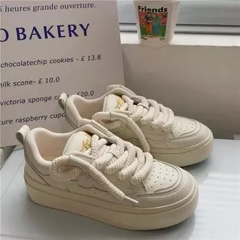 Bread shoes women s new niche design sense thick rope fashion lace-up white shoes women s casual skateboard shoes 35