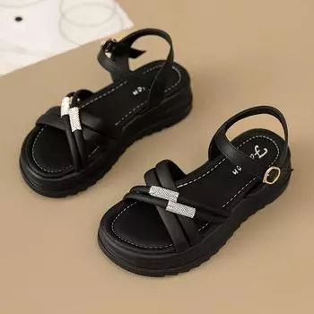 Breathable Casual Slippers Rhinestone Summer Bling Slippers Luxury Platform Wedge Flats Leisure Sandals Elegance Women Shoes 35 чёрный