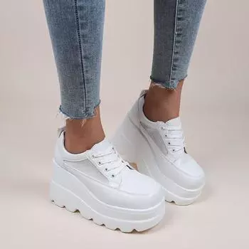 Breathable lace-up high-heeled platform white shoes for women s 2025 spring new Korean version thick-soled breathable muffin single shoes large size 35 белый