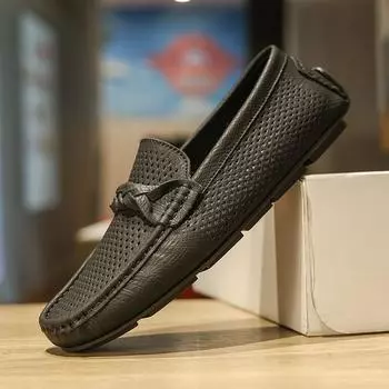 Breathable Men Loafers Casual Leather Shoes Out Moccasins Non-Slip Summer Male Driving Shoes Comfort Slip on Flats Outdoor Shoes 39 чёрный