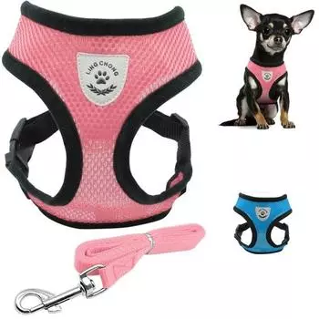 Breathable Mesh Small Dog Pet Leash Set Puppy Cat Vest Harness Collar S розовый