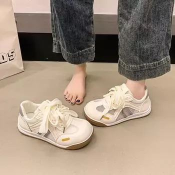 Breathable mesh white shoes women s summer new lace-up big head shoes niche design sense 35 бежевый