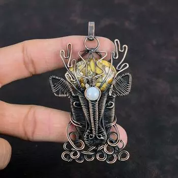 Brecciated Mookaite Gemstone Pendant Copper Wire Wrapped Deer Face Pendant Rainbow Moonstone Pendant Handmade Copper Jewelry Gifts For Women