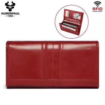 Брендовый женский кошелек из натуральной кожи, кожаный RFID, большой объем, с несколькими слотами для карт, длинный клатч, дизайнерский кошелек, сумка для мобильного телефона красный