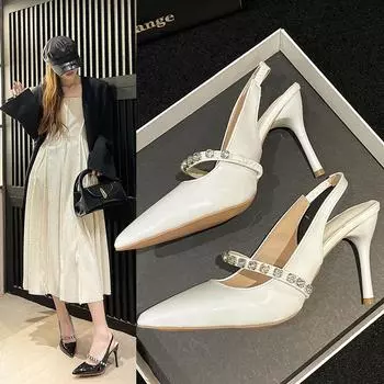 Bright Diamond Strappy High Heels Women s Pointed Toe Medium Heel Slingback Sandals Elastic Strap Stiletto Heels Women s Shoes 34 чёрный