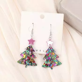 Brincos Dangle acrlicos de rvore de Natal para mulheres e meninas, gancho de orelha rosa, joias festivas multicoloridas, prese