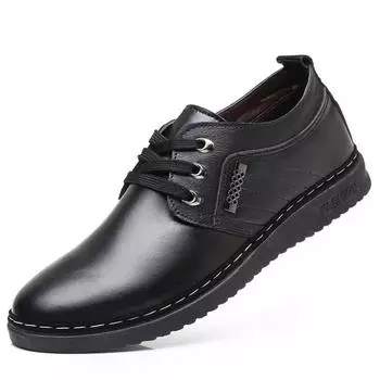 British Casual Leather Shoes Men s Lace up Breathable Leather Footwear Low Cut Soft Business Formal PU Shoes 40 чёрный
