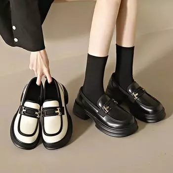 British Leather Shoes Women Platform Loafers Slip-on Pumps Thin Shoes Thick Sole Wide Heels Lolita Flatform Shoes Preppy Loafers 35 чёрный