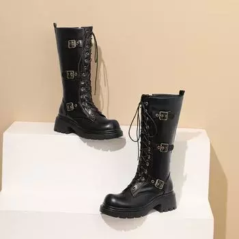 British Martin boots women s thick heels high heels black handsome lace-up locomotive boots new medium tube large 34 чёрный