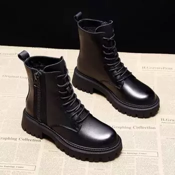British medium boots Martin boots classic black handsome short boots front lace-up round head low heel thick sole single boots 35
