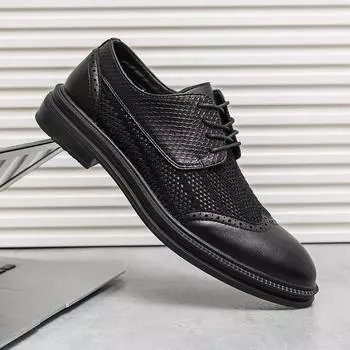 British Men s Trendy Shoes Simple White High-end Banquet Dress Shoes Hollow Breathable Men s Leather Casual Shoes Lace Up 38 чёрный