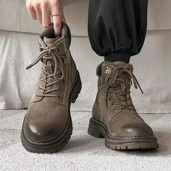 British Style Men s Desert Boots High Quality Men Casual Leather BootsThick Bottom Designer Lace-Up Ankle Boots High Top Shoes 38 серый