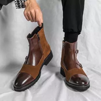 British style men s medium and high-top leather shoes Brock business casual short boots fashionable retro pointed heightening Martin boots 38 чёрный