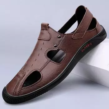 British Style Mens Sandals Genuine Leather Loafer Men Outdoor Summer Casual Flats Lightweight Fashion Men Business Affairs Shoes 37 чёрный