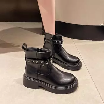 Британский стиль платформа боковая молния Botas Mujer 2024 осень новый ретро толстый каблук ремень пряжка короткие сапоги вестерн повседневная женская обувь 35 чёрный