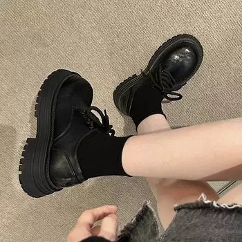 British style retro platform small leather shoes women s 2025 new fashion versatile round head lace-up thick heel loafers 35 коричневый
