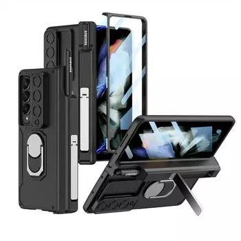 Бронированный чехол для Samsung Galaxy Z Fold 3 5G с магнитной петлей, выдвижная крышка объектива с кольцом и держателем для ручек, подставка для чехлов Z Fold3 case only (no pen) серебряный