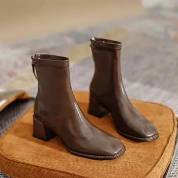 Brown thick heel French short boots children s spring and autumn 2024 new single boots winter ankle and bare boots medium high heel 35 чёрный