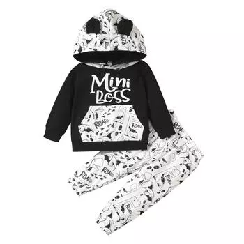 Брючный костюм для маленьких мальчиков, 6 м, 12 м, 18 м, 24 м, украшение для ушей с героями мультфильмов, свитер с большими карманами и брючным костюмом с высокой талией 6-12 Months чёрный